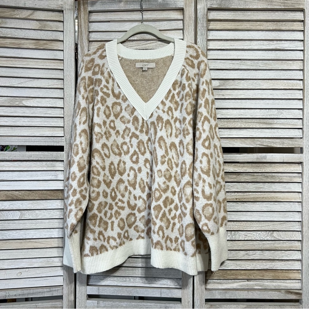 LOFT Tan and Cream V-Neck Sweater with Animal Print